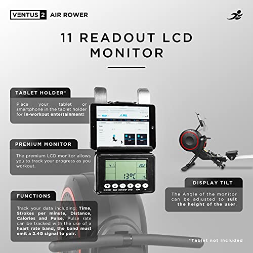 JLL® Ventus 2 Air Resistance Home Rowing Machine, 2022 Model, Fitness Cardio Workout with 8 Levels of Magnetic Resistance, Advanced Driving Belt System, Super Smooth Slideway, 12-Month Warranty