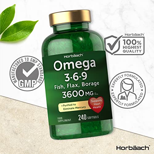 Triple Omega 3 6 9 | 240 Softgel Capsules | 3600mg High Strength EPA & DHA | Fish Oil, Flax, Borage | Non-GMO, Gluten Free | No Artificial Preservatives | by Horbaach