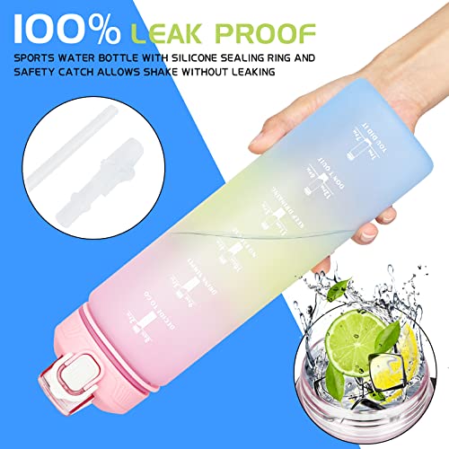 CodiCile Motivational water bottle,1L Sports Water Bottle with Straw and Time Markings,Leakproof Time Water Bottle with BPA Free Lid for Sports Gym Office Camping Running(1000ml, Gradient Pink)…