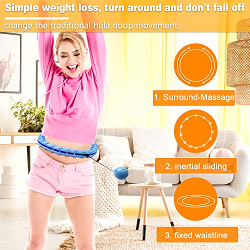 OOTO Smart Weighted Hula Hoop, 24 Knots Adjustable Fitness Exercise Weighted Hula Hoop, 360Degrees Massage No Fall Gravity Ball Hoola Hoops for Adults Thin Waist for Home Workout,Weight Loss Blue