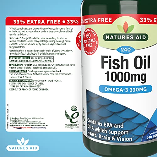 Natures Aid Fish Oil 1000mg | Omega 3 (180mg Epa & 120mg Dha) | Made In The Uk, 240 Softgels For The Price of 180, 240 Capsules