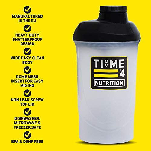 Time 4 Nutrition Premium Whey Protein Shaker, High-Calorie Mass Gainer Pre-Workout Drinks – Wide Body For Easy Cleaning & Large Mouthpiece For Easy Drinking – Gym Protein Shaker Bottle 600ML