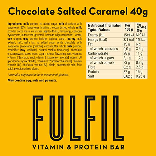 FULFIL Vitamin and Protein Snack-Size Bar (15 x 40g Bars) — Chocolate Salted Caramel Flavour — Low Sugar, 15g High Protein, 9 Vitamins