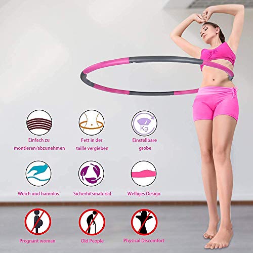 Fitness Hula Hoop for Adults- 8 Section Wave Exercise Hoola Hoops Weighted 1.2kg (2.65lbs) Adjustable Ring with Soft Foam Padded for Gym, Home, Ladies, Lose Weight, Fat Loss Training (Grey&pink)