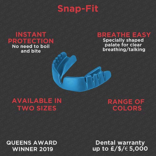 Opro Snap Fit (Twin Pack) Mouth Guard Gum Shield for Rugby, Hockey, MMA, Boxing (Black + Blue colours) (Adult)