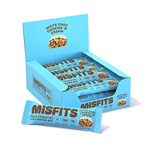 Misfits Vegan Protein Bar, Cookies & Cream, Plant Based Chocolate Protein Bar, High Protein, Low Sugar, Low Carb, Gluten Free, Dairy Free, 12 Pack