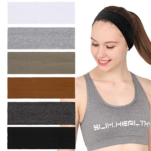 Folora 6Pcs Stretchy Elastic Black Headbands, Cotton Sports Hairband for Women Girls, Suitable for Yoga, Pilates, Running, Cycling