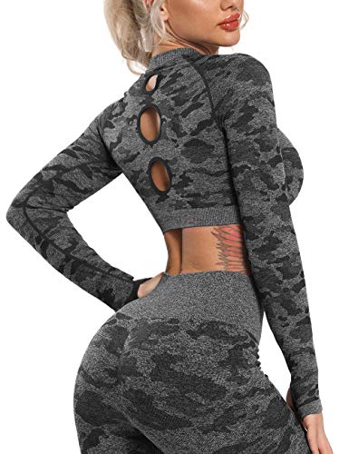 STARBILD Women Fashion Camouflage Push Up Long Sleeve Crop Tops Back Hollow  Out Sport Bra Tops Workout Running Tee, 3-camouflage Black, S