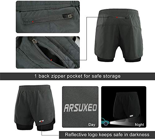 Men's 2 In 1 Shorts Quick Drying Breathable Active Training Exercise Jogging Marathon Cycling Work-Out Shorts with Zipper Side Pockets Longer Liner & Reflective Elements (S,Gray)