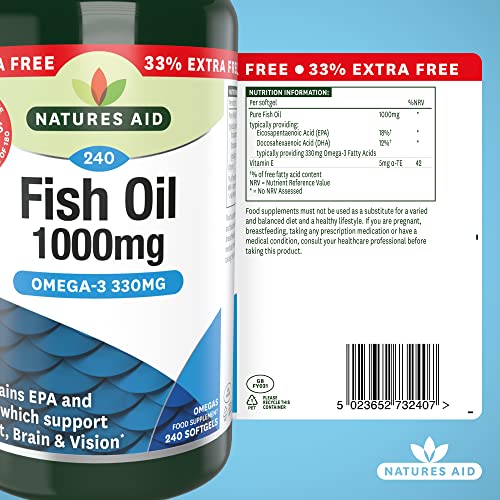 Natures Aid Fish Oil 1000mg | Omega 3 (180mg Epa & 120mg Dha) | Made In The Uk, 240 Softgels For The Price of 180, 240 Capsules
