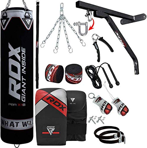 RDX Punch Bag for Boxing Training, 4ft 5ft Filled Heavy Bag Set with Punching Gloves, Chain, Wall Bracket,17pc for Grappling, MMA, Kickboxing, Muay Thai, Karate, BJJ,Taekwondo (Black, 5ft)