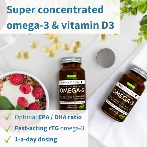 Omega-3 Wild Fish Oil & Vitamin D3 1000IU, 1-a-Day, Highly Concentrated EPA & DHA, Fast-Acting rTG, Natural Lemon Flavour, 60 Softgels, by Igennus