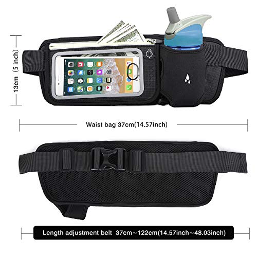 Accering Running Belt Waist Bag Fanny Pack for Men & Women with Water Bottle Holder, Hold iPhone 8 Plus Screen Size 6.5 Inch Workout Belt Sport Waist Pack for Hiking Cycling Gym (Black)