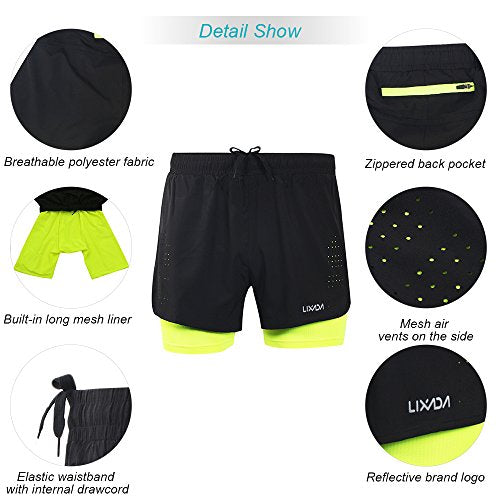 Lixada Mens 2-in-1 Running Shorts Quick Drying Breathable Active Training Exercise Jogging Cycling Shorts with Longer Liner (Green, XL)