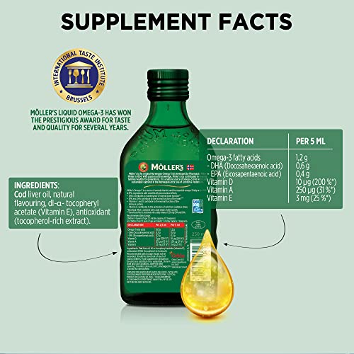 Moller’s ® | Omega 3 Cod Liver Oil | Omega-3 Dietary Supplements with EPA, DHA, Vitamin A, D and E | Superior Taste Award | Pure & Natural cod Liver Oil | 166 Year Old Brand | Neutral | 250 ml