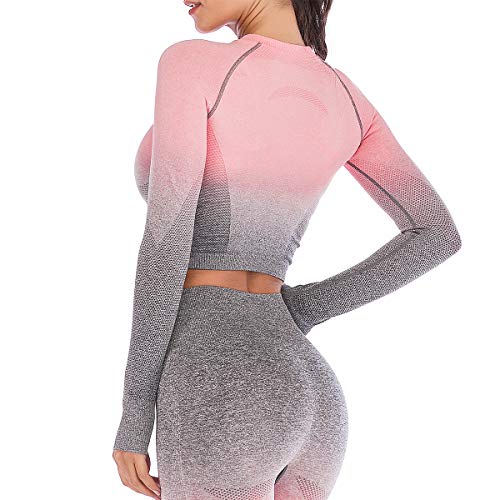 Leoyee Seamless Gradient Gym Tights Sports Shirts Yoga Tops for Women Running Workout Long Sleeve T-Shirt Tops