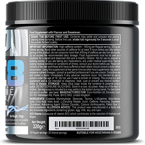 AC8 Xtreme (Blue Raspberry) – Pre Workout Booster with Creatine, Beta-Alanine, Taurine and Caffeine – 40 regular servings (320 grams)