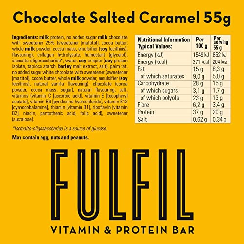 Fulfil Vitamin and Protein Bar (15 x 55 g Bars) — Chocolate Salted Caramel Flavour — 20 g High Protein, 9 Vitamins, Low Sugar