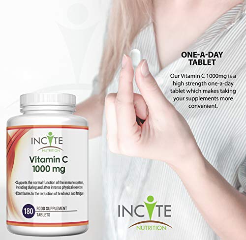 Vitamin C 1000mg | 180 Premium Tablets (6 Month’s Supply) | High Dose Quality Ascorbic Acid | Suitable for Vegetarian & Vegans| Made in The UK by Incite Nutrition®