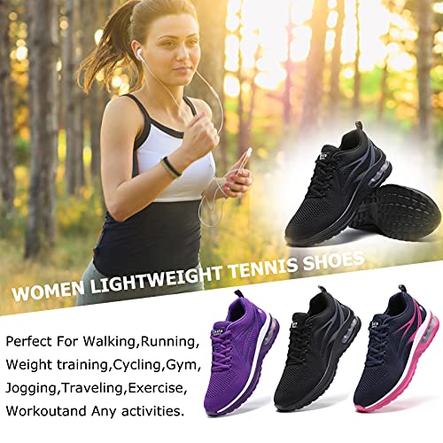 Trainers Womens Running Shoes Ladies Air Cushion Lightweight Mesh Breathable Fitness Tennis Gym Fashion Sneakers Road Running Shoes All Black Size 3.5
