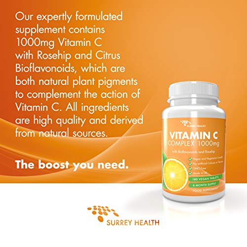 Vitamin C 1000mg with Bioflavonoids and Rosehip - 180 Vegan Tablets - 6 Month Supply - Made in The UK by Surrey Health