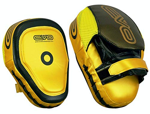 EVO Fitness Matte Boxing pads and Gloves Set Target Focus pads Mitts and Boxing Gloves Hook and Jab Training Sparring MMA Martial Arts Muay Thai Kickboxing Karate (Black/Golden, Deal with 10oz Gloves)