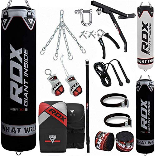 RDX Punch Bag for Boxing Training, 4ft 5ft Filled Heavy Bag Set with Punching Gloves, Chain, Wall Bracket,17pc for Grappling, MMA, Kickboxing, Muay Thai, Karate, BJJ,Taekwondo (Black, 5ft)