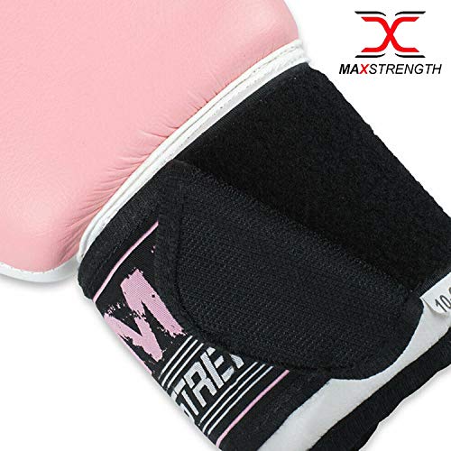 MAXSTRENGTH Muay Thai Rex Leather Pink White 6oz boxing gloves