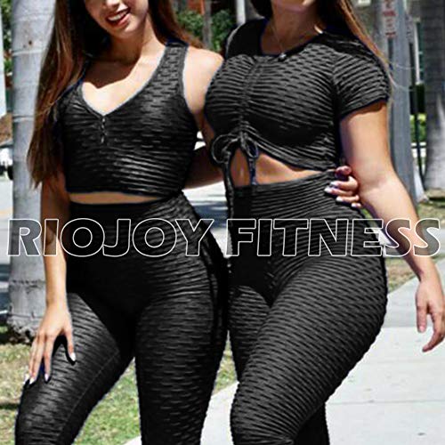RIOJOY Yoga Gym Crop Tops Women Short Sleeve Front Tie Bubble Textured Workout Shirts Sportswear, Black, XL