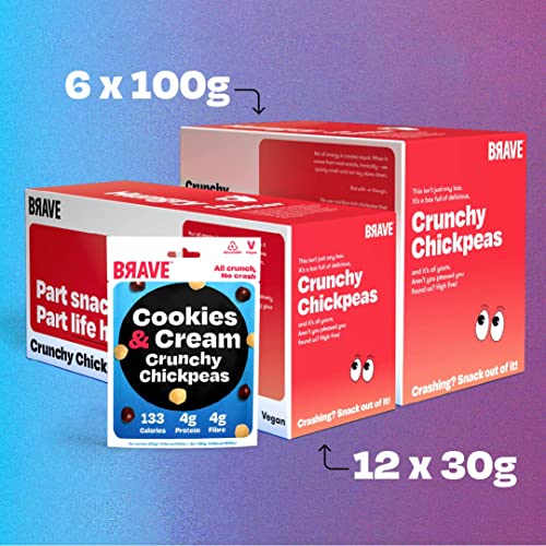 BRAVE Roasted Chickpeas: Cookies & Cream - Delicious Healthy Snacks - Vegan, Dairy-Free - Source of Plant Protein & Fibre - Lower Sugar - Plant-Based - Box of 12 Packs (30g Each)
