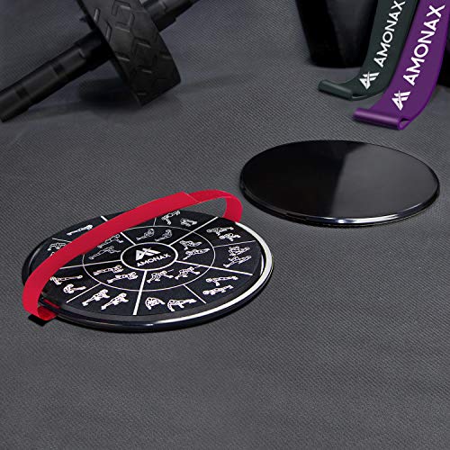 Amonax Core Sliders, Double Sided Gliding Discs with Straps. Ab Gliders for Core Exercise Fitness at Gym & Home, Dual Side Slider Strength Glider Pairs for Carpet, Wood, Tiled Floor