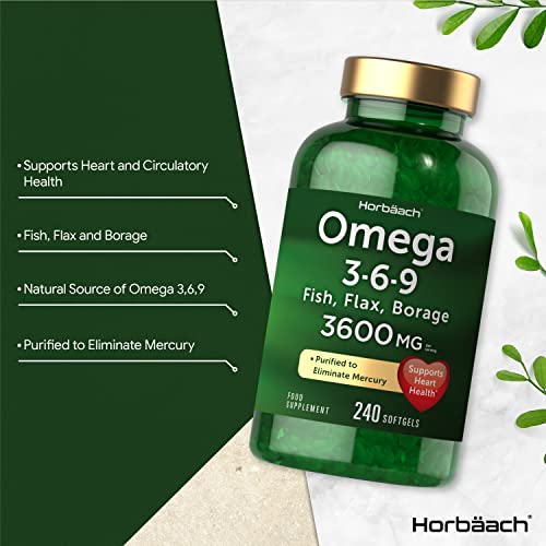 Triple Omega 3 6 9 | 240 Softgel Capsules | 3600mg High Strength EPA & DHA | Fish Oil, Flax, Borage | Non-GMO, Gluten Free | No Artificial Preservatives | by Horbaach