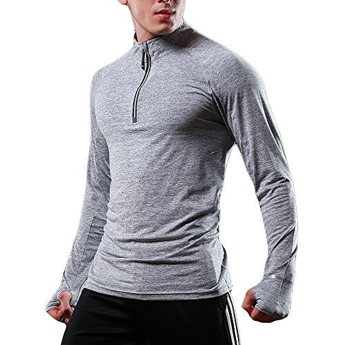 FELiCON Men's Zip Long Sleeve T-Shirt Quick Dry Warm-Up Sweatshirt Running Jogging Top Tee Jacket Men's Base Layer Sportswear Clothing (Light Gray, M)