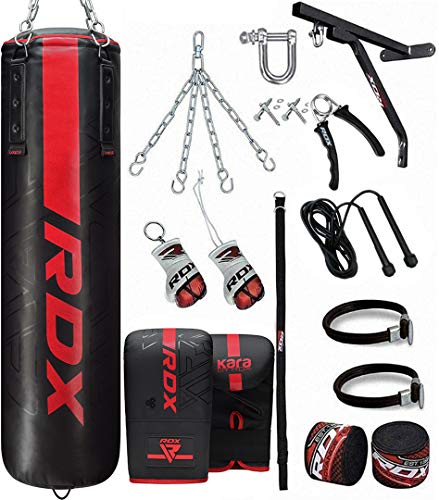 RDX 17PC Punch Bag 5ft 4ft Heavy Filled Set, Non Tear Maya Hide Leather Adult Bag with Wall Bracket Punching Gloves Chain, KARA Patent Pending, Kickboxing Boxing MMA Muay Thai Karate Training Workout