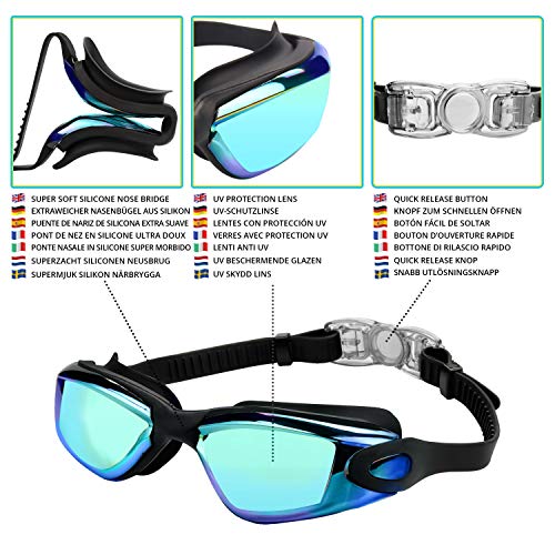Bezzee Pro Swimming Goggles - UV Protection & Anti Fog Swim Goggles with Storage Case - No Leaking & Adjustable Silicone Strap for Adults, Men, Women and Youth - Soft Nose Bridge - For All Swimmers