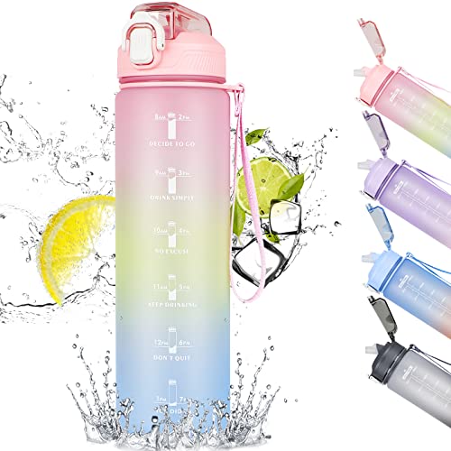 CodiCile Motivational water bottle,1L Sports Water Bottle with Straw and Time Markings,Leakproof Time Water Bottle with BPA Free Lid for Sports Gym Office Camping Running(1000ml, Gradient Pink)…