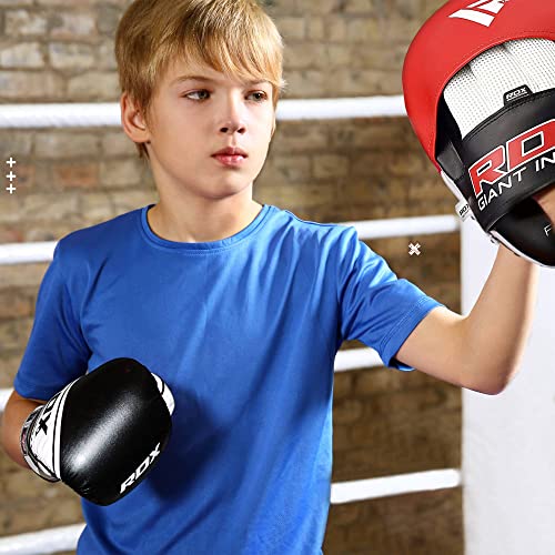 RDX Kids Boxing Gloves, 6oz 4oz Junior Training Mitts, Maya Hide Leather Ventilated Palm, Muay Thai Sparring MMA Kickboxing, Punch Bag Speed Ball Focus Pads Punching Workout, Youth Games Fun (Black, 6 oz)