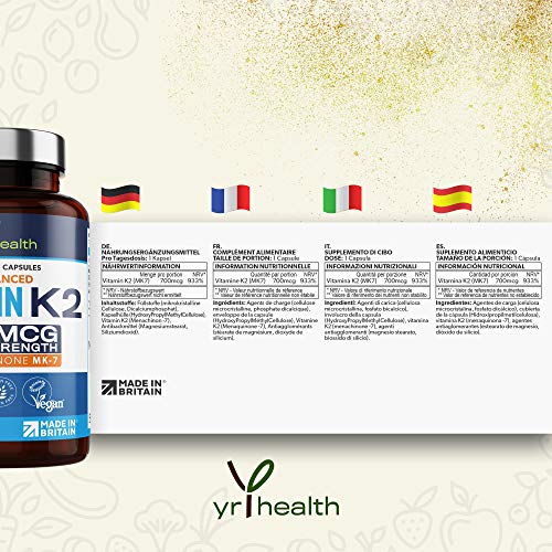 Vitamin K2 MK7 700mcg - High Strength Vitamin K2 Menaquinone - 90 Vegan Society Registered Capsules Not Tablets - Made in The UK by YrHealth