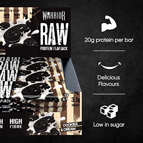 Warrior Raw High Protein Flapjack Bars 21g Protein Each - Low Sugar Snack Bars - Pack of 12 (Cookies & Cream)