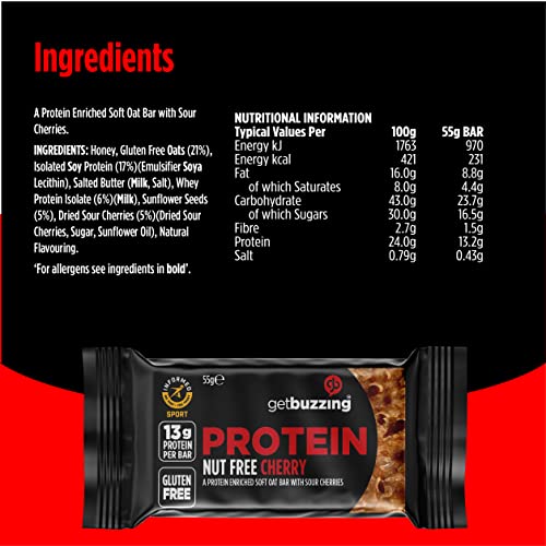 Getbuzzing High Protein Nut Free Flapjack - Cherry 55g - Healthy Snack Bars - Gym, Running, Cycling - Pure Protein Made in The UK - Pack of 12 Bars