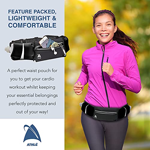 Athle Running Belt - 2 10oz Water Bottles, Large Fanny Pack Pocket Fits All Phones and Wallet, Bib Holders, Adjustable One Size Fits All Waist Band, Key Clip, 360° Reflective - Black Speed Sash