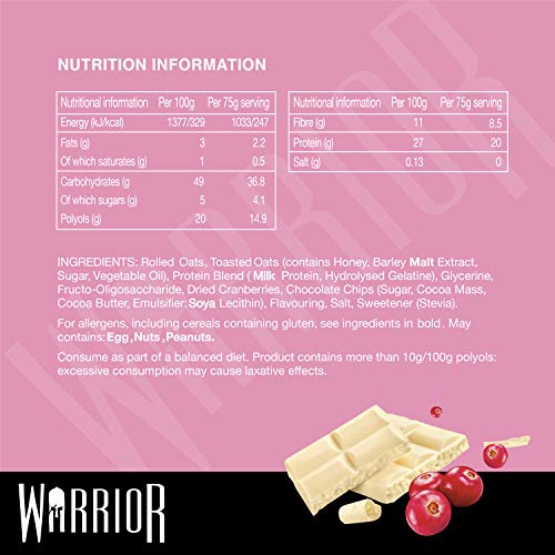 Warrior Raw Protein Flapjacks Bars x 75g Each Packed with 21g of Protein Supplements, White Chocolate Cranberry, 900 Gram, (Pack of 12)
