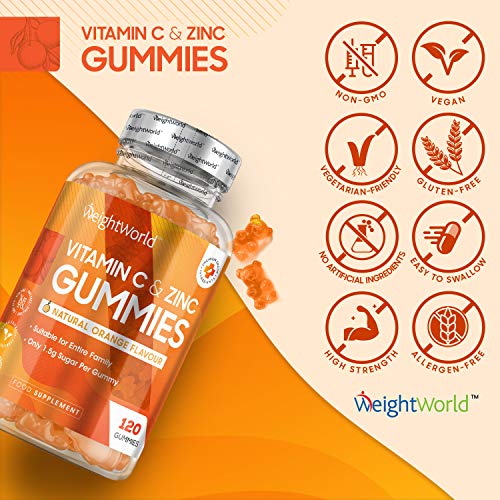 Vitamin C and Zinc Gummies - 120 Vegan Gummies (2 Month Supply) Tasty Orange Vitamins Gummies for Adults, Immune System, Tiredness and Fatigue & Skin Health, Vitamin C Gummy Supplement - Keto
