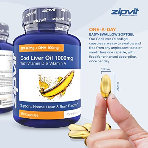 Cod Liver Oil 1000mg, 360 Capsules of High Strength Fish Oil, Rich in Omega 3. Supports Heart Health, Brain Health, Eye Health and Normal Blood Pressure - Gym Store