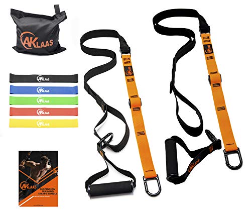 AKLAAS Bodyweight Suspension Trainer + Door Anchor +5 Exercise Loop Bands | Home Suspension System Training Straps | Exercise Booklet | Home&Travel