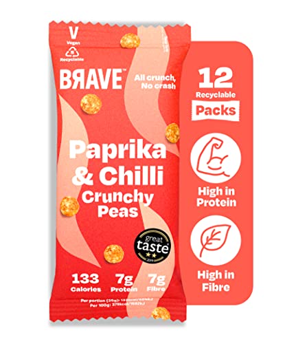 BRAVE Roasted Peas: Paprika & Chilli - Delicious Healthy Snacks - Vegan - High in Plant Protein & Fibre - Low Calorie - Plant-Based - Box of 12 Packs (35g Each)