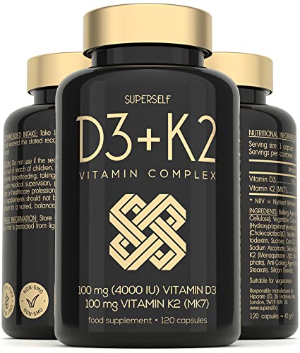 Vitamin D3 K2 Capsules - High Strength Vitamin D Tablets - 4000 IU Vitamin D & 100mcg Vitamin K MK7 - 120 Capsules - UK Made & Vegetarian - VIT D3 K2 Supplement for Strong Bones, Teeth, Immune System