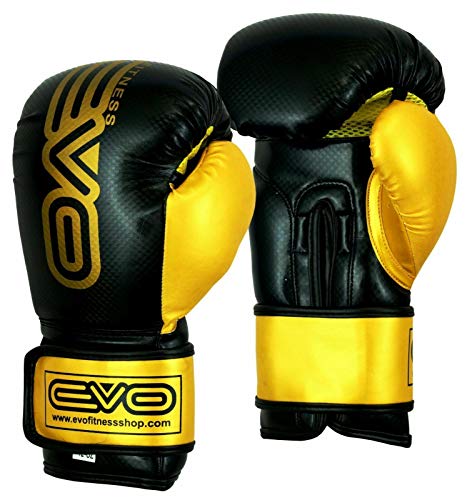 EVO Fitness Matte Boxing pads and Gloves Set Target Focus pads Mitts and Boxing Gloves Hook and Jab Training Sparring MMA Martial Arts Muay Thai Kickboxing Karate (Black/Golden, Deal with 10oz Gloves)