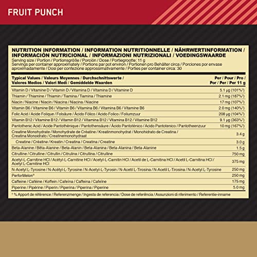 Optimum Nutrition Gold Standard Pre Workout Powder, Energy Drink with Creatine Monohydrate, Beta Alanine, Caffeine and Vitamin B Complex, Fruit Punch, 30 Servings, 330g, Packaging May Vary