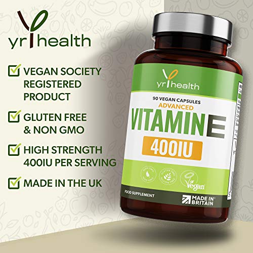 Vitamin E Capsules 400iu - High Strength Natural Vitamin E Supplement, D-Alpha Tocopherol - Protects Cells from Oxidative Stress - 90 Vegan Capsules not Tablets - Made in The UK by YrHealth